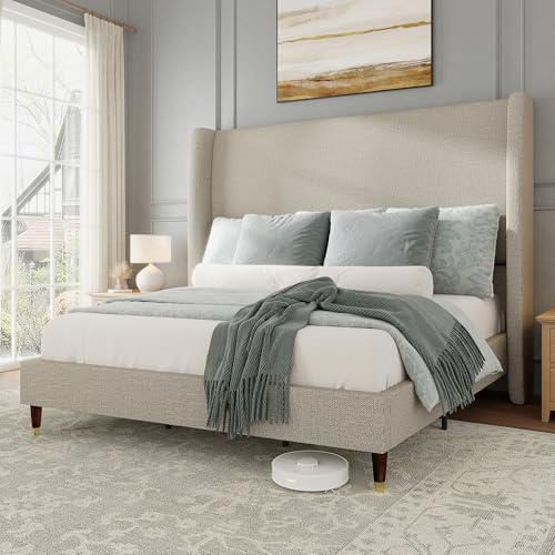 Jocisland Queen Size Bed Frame 51.2 Wingback Headboard Linen Upholstered Platform Bed with Solid Wood Legs & Wooden Slats, No Box Spring Needed, Modern Minimalist Style, Easy Assembly, Brown