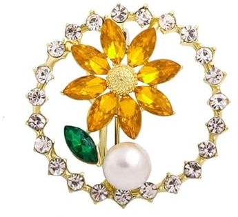 Broche fleur jaune jonquille tournesol dans une pochette à bijoux, Strass