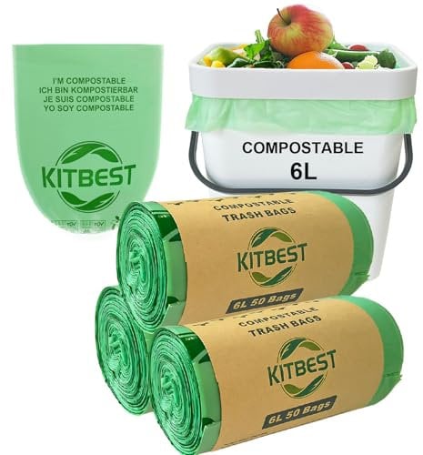 KITBEST Sacs poubelle compostables 6 L 150 sacs poubelle biodégradables avec certification EN13432, compost domestique, sacs poubelles de cuisine