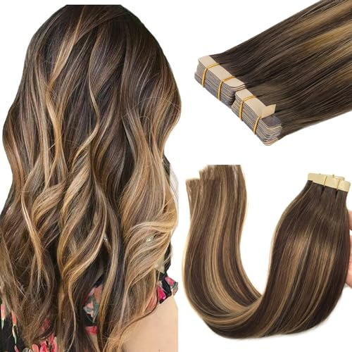 GOO GOO Tape in Hair Extensions Human Hair, 24inch 100g 40pcs, #4/27/4 | Balayage Chocolate Brown to Caramel Blonde, Remy Hair, Full &Thick Volume, Long-lasting, Invisible, for Fine Hair, Daily Wear