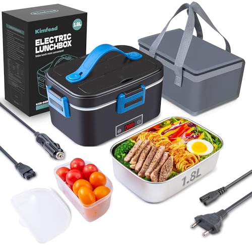 Kimfead Elektrische Lunchbox mit Anzeige Temperatur Lunch Box Elektrisch 80W Electric Lunch Box 1.8L 12V/24V/230V mit Grau Tasche/Besteck, für Auto/Lkw/Büro(Temp-Anzeige Blau)