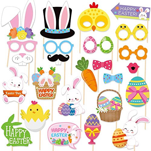 POPOYU 25 Stück Lustige Ostern Fotorequisiten,Ostern Foto Requisiten für Kinder Ostergeschenke Deko,OsternFotobox Accessoires,OsternNeuheit Selfie Photo Frame Foto Requisiten für OsternDeko