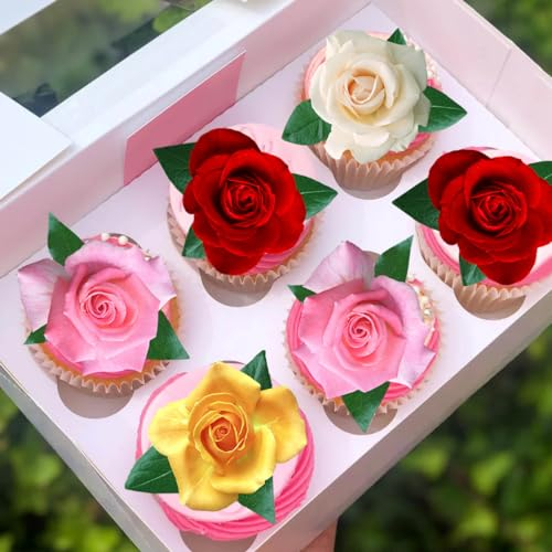 Anglesit Pre-Cut Roses with Leaves A Edible Wafer Paper Flowers Cupcake Toppers Cake Decorations Birthday Party (12)