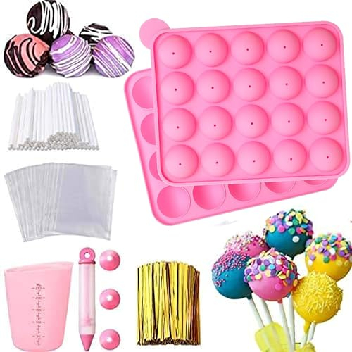 Cake Pop Form, 20 Loch Runde Cake Pop Silikonform, Lollipop Sticks Cakepopsform mit 100 Baton Pop Cake, 100 Bonbon-Packungen, Ausstellungsständer, Messbecher,für Cakes Süßigkeiten Gelee und Schokolade