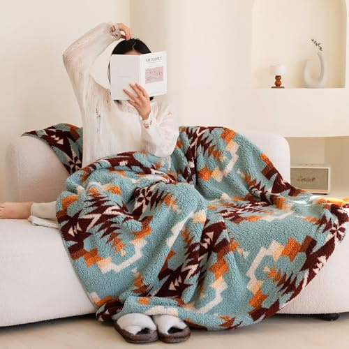 UKELER Bohemian-Sherpa-Überwurfdecke, 152,4 x 203,2 cm, Sherpa-Fleece-Decken für alle Jahreszeiten, südwestliche Azteken-Überwurfdecke, Indianer-Decken für Bett, Couch, Sofa, Büro, Camping