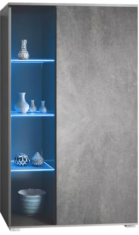 Vladon Vitrine Davos, Made in Germany, Standvitrine mit 3 Glasböden und 8 Fächer inkl. LED, Anthrazit matt/Steingrau (71,5 x 134 x 35 cm)