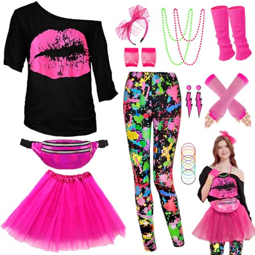 80er 90er Jahre Outfit Leggings Bunte Damen, Neon Kleidung Bauchtasche TuTu Stirnband Ohrring Halskette Netzhandschuhe Stulpen Accessoires, Karneval Halloween Thema Mottoparty Kostüm Hose, M