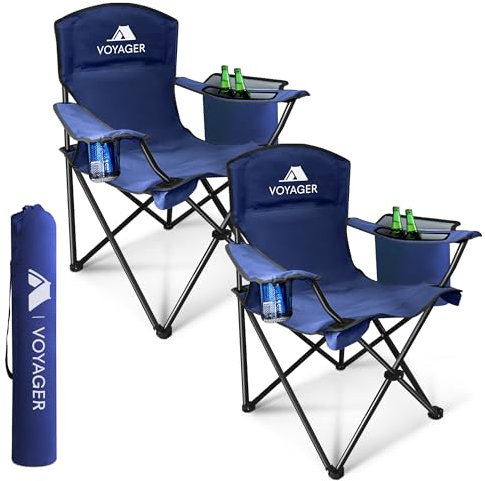 Voyager Folding Camping Chairs 2 Pack with Cooler Bag, Lightweight Q195 Steel Frame, 600D Oxford Fabric, Portable & Comfortable - Navy