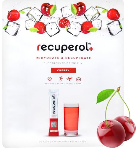 Recuperol Rehydration & Recovery Electrolytes Powder Supplement for Dehydration, 90 Sachets, Replace Mineral Salts & Fluids, Zinc, Vitamin C, B12, D3, Potassium, Natural Cherry Flavour