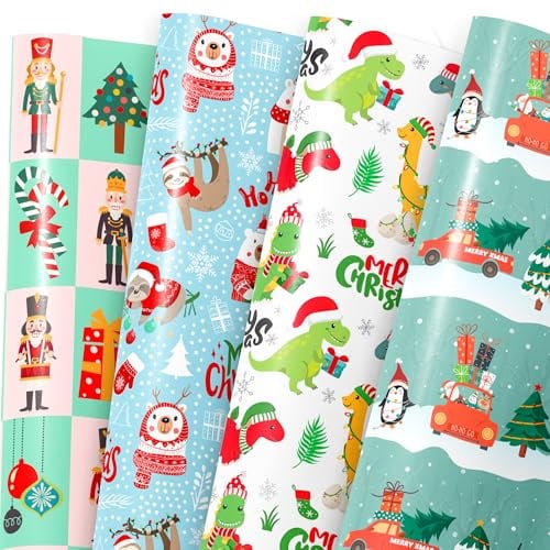 MotiGiftie Weihnachts-Geschenkpapier für Jungen und Mädchen – Weihnachtsmann, bunte Dinosaurier, Pinguin, Weihnachtsbaum, Nussknacker-Designs – Urlaubs-Geschenkpapier für Festival, 12 Blatt, je 50,8 x