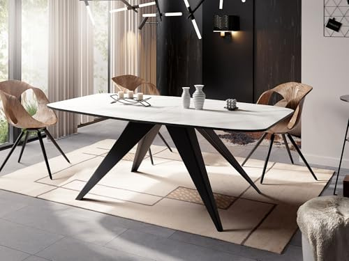 WFL GROUP Ausziehbarer Esstisch im Loft-Stil - Industrieller Tisch in Weißer Marmoroptik mit Schwarzen Metallbeinen - Modernes Design für Wohnzimmer - 180 cm Ausziehbar auf 220 cm - Marmor Weiß