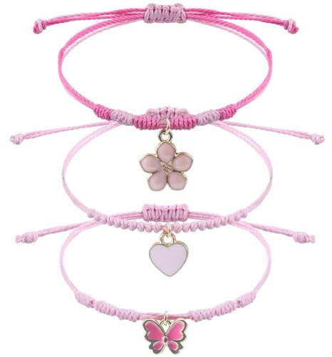 SULIUDAJI Lot de 3 bracelets de l'amitié pour fille - Bracelet tressé réglable - Bracelet fleurs coeurs papillons pour filles - Cadeaux et pochettes de fête d'anniversaire pour enfantsr - rose