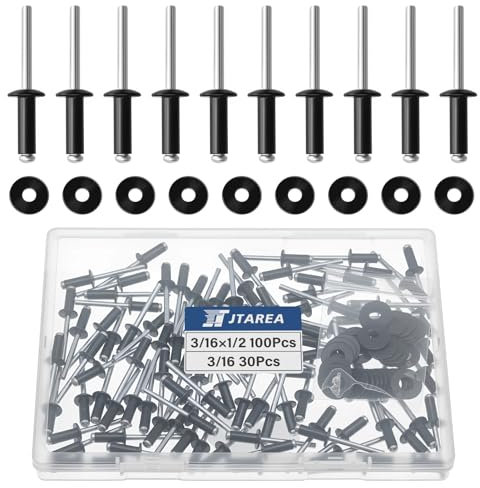 JTAREA 130 Pezzi 4,8 × 12,7 mm Rivetti Ciechi in Alluminio con Rondella Rivette a Testa Larga Rivetto a Testa Bombata Ribattini Pop (Nero)