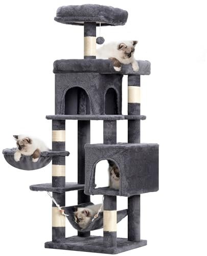 Heybly Arbre à Chat, Tour de Grimpe à Tige à Griffer Multi-Étagé de 145 Centimètres de Hauteur, Équipé de Deux Grandes Plateformes, d'une Grande Hâmatte, d'un Panier à Chat, Gris Clair HCT016G