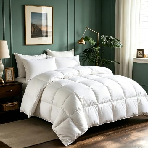 Serta Goose Feathers Down Fiber Comforter King Size Duvet Insert,100% Cotton, Hotel Luxury Hypoallergenic Comforter All Season Medium Warmth 106 x 90 in White