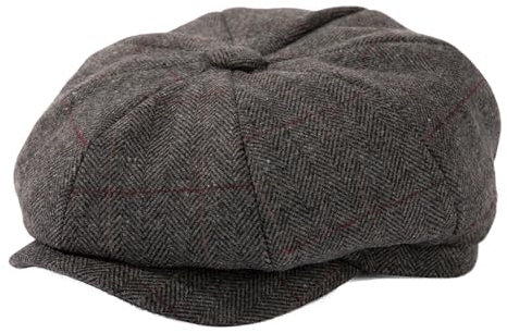 TOP-EX L/XL/XXL Merinowolle Schiebermuetze Herren 8 Panel Peaky Fischgräten Tweed Retro Schiebermütze Schlägermütze Gatsby Cap Warme Wintermütze Vintage Golf Fahrermütze Plaid Grau L