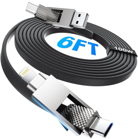 100W 4-IN-1 Multi USB Kabel 2M Nylon Schnell Multi iphone Ladekabel [480Mbps Sync] Multi iphone Ladekabel With Light-ning/USB A/USB C Kabel für iPhone 16/15, Samsung Galaxy S25/S24, Huawei - Schwarz