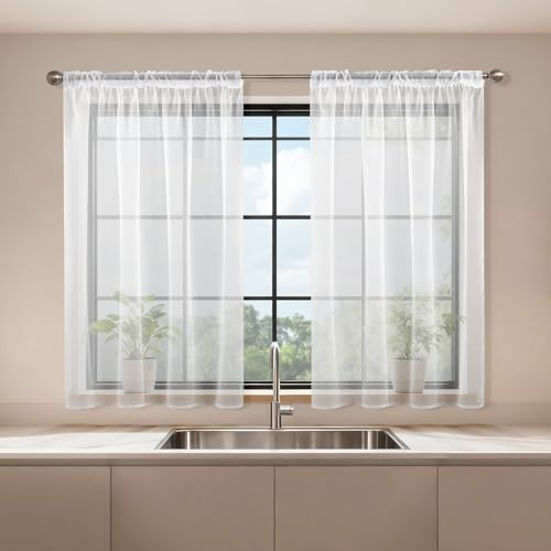 Runyéla Stores Gardinen mit Kräuselband 2er Set, Voile Schiebegardinen 120 x 90 (HxB), Transparent Gardine, Vorhang Weiß, Vorhänge für Wohnzimmer Schlafzimmer Sheer Curtain