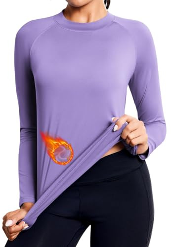 PINSPARK Damen Sportshirt Innenfleece Basic Langarmshirt Yoga Top Weich Atmungsaktiv Laufshirt Warm Thermo Oberteil Funktionsshirt Thermounterwäsche für Winter Lila L