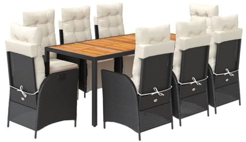 vidaXL 9-TLG. Garten-Essgruppe mit Kissen Schwarz Poly Rattan