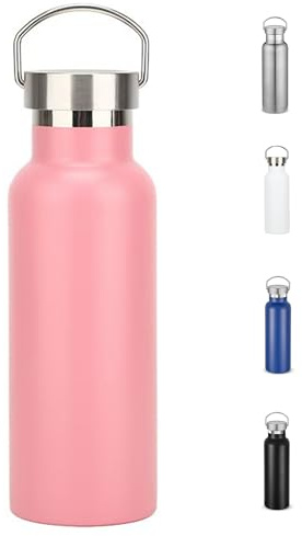Water Bottle Stainless Steel Insulated 500ml with Leakproof Lid and Handle, Double Wall Vacuum Travel Bottle for School, Hiking, Travel - Reusable Metal Standard Mouth Flask for Everyday Use (Pink)