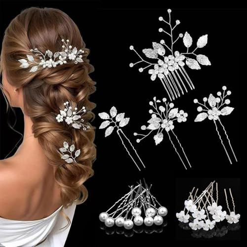 Fjquamitix Wedding Hair Accessories for Women, 24 PCS Bridal Bridesmaid Hair Clips, Diamante flower Pearl Hair Pins, Hair Jewellery Accessories for Flower Girl Bride Wedding Guest