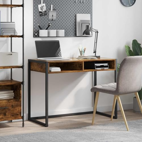 Mhdvray Bureau 100 x 50 x 75 cm en bois fumé avec pieds en acier - Design industriel moderne - Surface de travail robuste pour la maison, le bureau, le salon - Installation de jeu