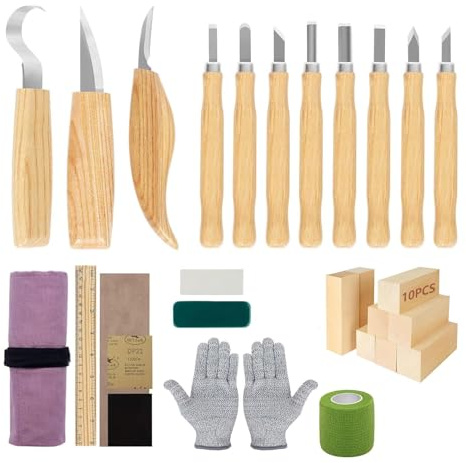 TOSUTO 30PCS Strumenti Per Intaglio Del Legno,Kit Intaglio Legno Professionale,con blocchi di legno da 10 pezzi con guanti resistenti al taglio,righello,per Principianti e Scultori Professionisti
