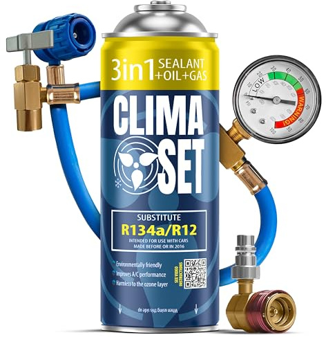 ClimaSet - Gas de Recarga para Aire Acondicionado 3 en 1 sustituto r134a, Aceite, sellador de Fugas, Manguera y Adaptador - Kit de Recarga de Gas para Aire Acondicionado para Automóviles - 170 g