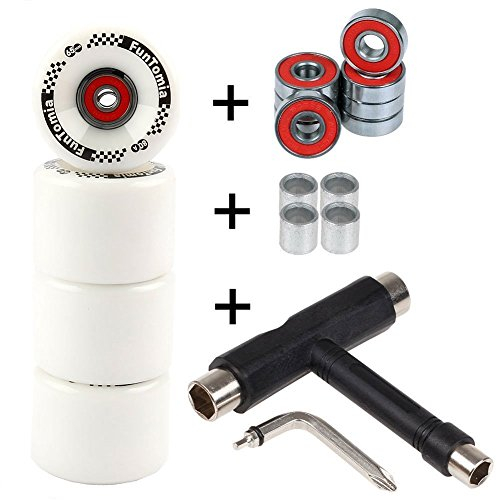 FunTomia 4 Stück Longboard/Skateboard/Mini-Board Rollen (Big Wheels) in 65x45mm 80A inkl. ABEC-9 Kugellager und Metall Spacer 80A Rollenhärte + T-Tool (weiß)