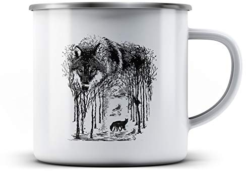 Ma2ca® Wolf Forrest Wölfe Hirsch Hirsche Emailletasse Campingbecher Tasse Emaillebecher Kindertasse Becher-Weiss