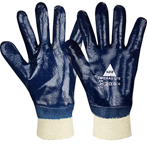 12 Paar Hase Safety Zwickau Lite Nitril-Arbeitshandschuhe vollbeschichtet, ölbeständige Nitrilhandschuhe mit Strickbund Größe L (09)