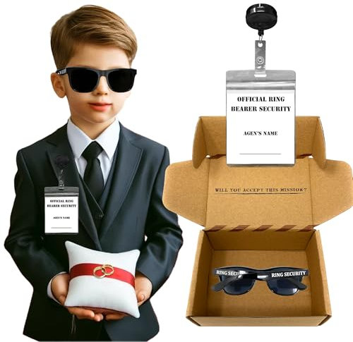 Swiss Industries Ring Security Hochzeitsringträger Antrag Geschenkset, Hochzeitsringträgerbox, inklusive Namensschild, Spionage-Sonnenbrille & Ring-Sicherheitsbox