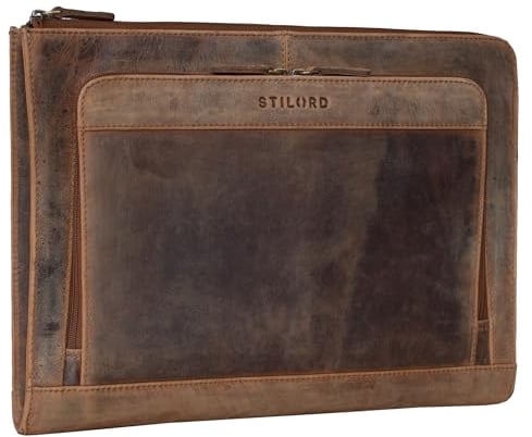 STILORD 'Dillon' Leder Aktenmappe Konferenzmappe 13 Zoll Laptoptasche Vintage Dokumentenmappe Schreibmappe DIN A4 Businessmappe Portfolio Mappe Echtleder, Farbe:Calais - braun