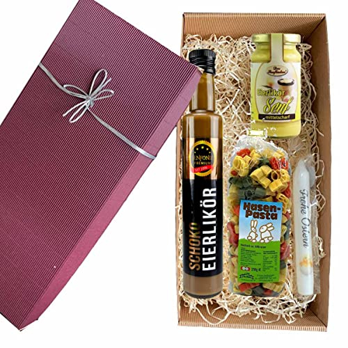 Geschenkset Ostern mit Hasennudeln, Schoko-Eierlikör, Eierlikör-Senf, Osterkerze // Feinkostgeschenk Ostern