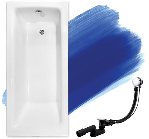 BADLAND Badewanne Original Weiß Acryl Wanne Rechteck TALIA 120x70 KOMPLETTSET SET + Füßen und Exklusive Chrom Automatik Ablaufgarnitur Made in EU 3in1
