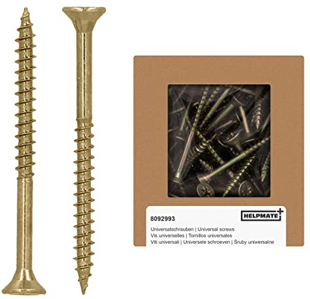 HELPMATE - Tornillos universales de cabeza avellanada 4.0 x 50 amarillos pasivados - Paquete de 200 tornillos para madera con accionamiento PZ 2 e rosca parcial - Tornillos de aglomerado para uso en