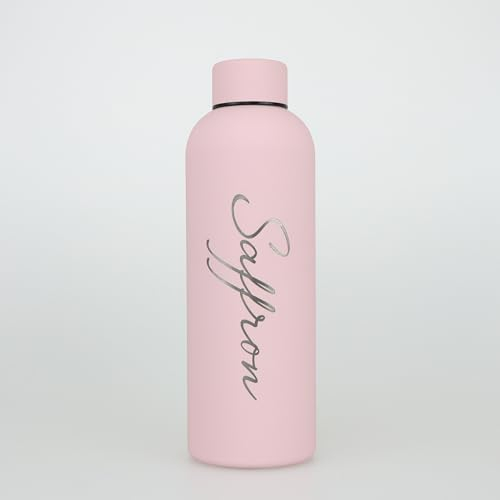 Botella de agua aislada con grabado personalizado | Botella de agua de acero inoxidable | Botella de bebida de doble pared que mantiene 12 horas caliente y 24 horas frío 500 ml | Termo de vacío (rosa