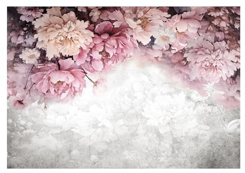 WallArena - Papier peint photo non tissé - Motif fleurs pivoines roses béton - 254 x 184 cm - Papier peint photo - Pour salon et chambre à coucher - Effet 3D - Avec colle