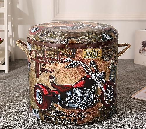 BEABAG Aufbewahrungshocker aus Leder, runder Hocker, Schuhwechsel-Fußhocker, Abnehmbarer Aufbewahrungshocker für Schlafzimmer und Wohnzimmer (Größe: 41 cm x 41 cm x 38 cm, Farbe: rotes Motorrad)