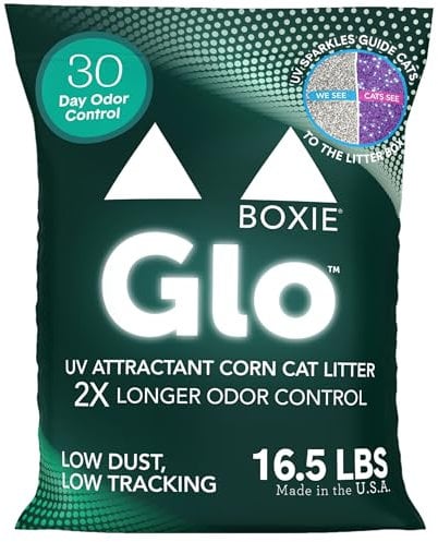 Boxie® Glo™ Natural Attractions 30 Day Odor Control Clumping Corn Cat Litter, 16.5 lb, 99.9% Dust-Free, Plant-Based, Lightweight, Strong Clumping, UV Light Attractant for Litter Box Use