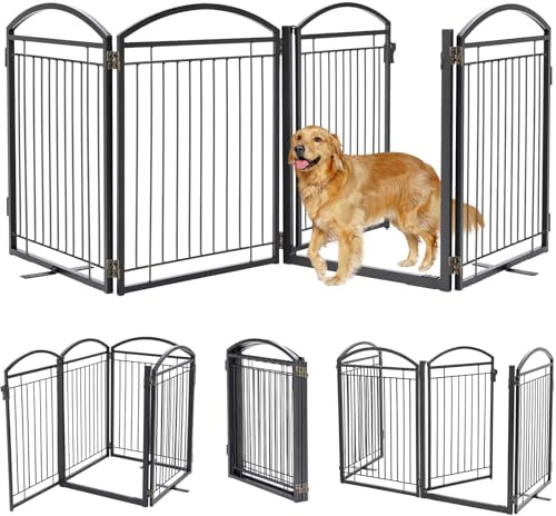 Full Metal Free Standing Dog Gate with Door for Outdoor Indoor,96'' Extra Wide 32'' Tall Dog Gates for The Doorways,Large Openings,Decks,Porch,Freestanding Foldable Safety Pet Fence(4 Panels,Black)