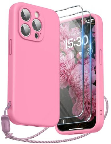 SURPHY Cover con Vetro Temperato e Cordino per iPhone 15 (6,1), Silicone Custodia per iPhone 15, Protezione Fotocamera, Rosa