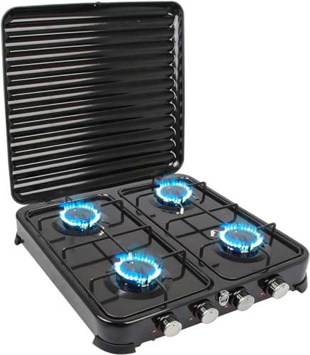 Avilia Fornello a Gas da Campeggio a 4 Fuochi - Cucina per Esterni con Coperchio, a Basso Consumo, con Piedini Antiscivolo e Griglia, 49x50x8 cm, Nero