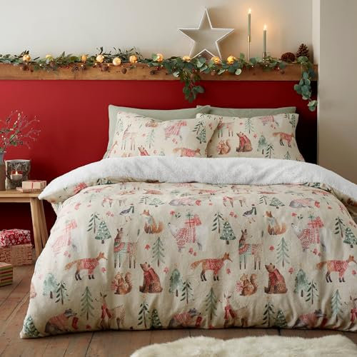 Fusion - Housse de Couette Polaire Woodland Animals Teddy - 140 x 200 cm - Design réversible - 1x taie d'oreiller - Literie Woodland en Naturel - Housse de Couette Naturelle - Parure de lit de Noël