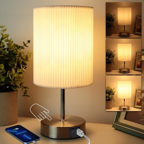 HSLighting Bedside Lamps, Touch Control Table Lamp with Metal Base 3-Way Brightness Changing Dimmable USB A+C Charging LED Light Bulbs Desk Lamp Minimalist Night Light for Bedroom Living Room