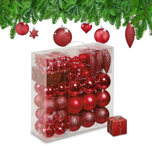 Relaxdays Weihnachtskugeln 110er Set, Kunststoff, Weihnachtsbaumdeko mit Kugeln & Lametta UVM., Christbaumschmuck, rot