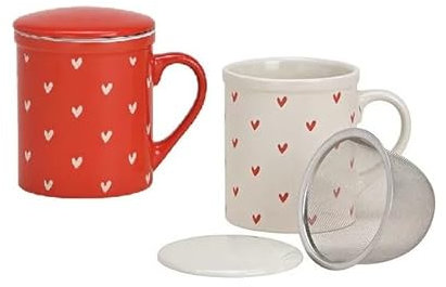 Juego de 2 de Tazas de Té con Filtro y Tapa | 2 Tazas de Té de Cerámica con decoración de Corazones | Regalo para Parejas - Set de 2 Tazas de 340 ml (Rojo/Blanco)
