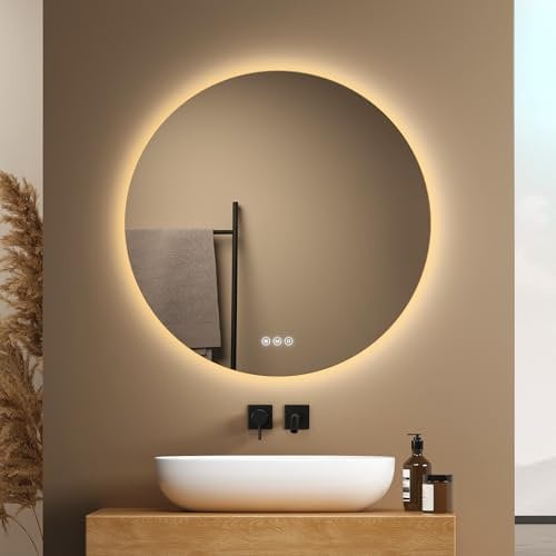 EMKE Badspiegel mit Beleuchtung Rund 80cm, Badezimmerspiegel mit 3 dimmbaren Lichtfarben, Antibeschlag, Touch-Schalter und Speicherfunktion – der perfekte runder Spiegel für das Badezimmer