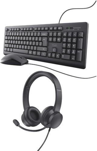 Trust Taro Wired Keyboard and Mouse Set Qwerty UK Layout + USB Headset with Microphone On-Ear, Quiet Combo and Wired Headphones with Microphone for Computer Laptop Mac Desktop Home Office - Black
